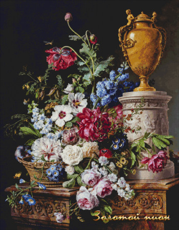 Авторская схема для вышивки по картине художника 3379 Натюрморт с букетом цветов в корзине